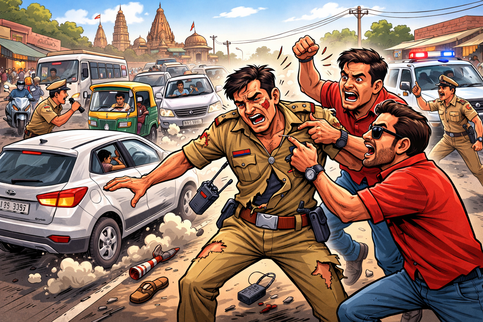 जाम से जूझता वृन्दावन : अकेला सिपाही डटा रहा, दबंगों ने फाड़ी वर्दी