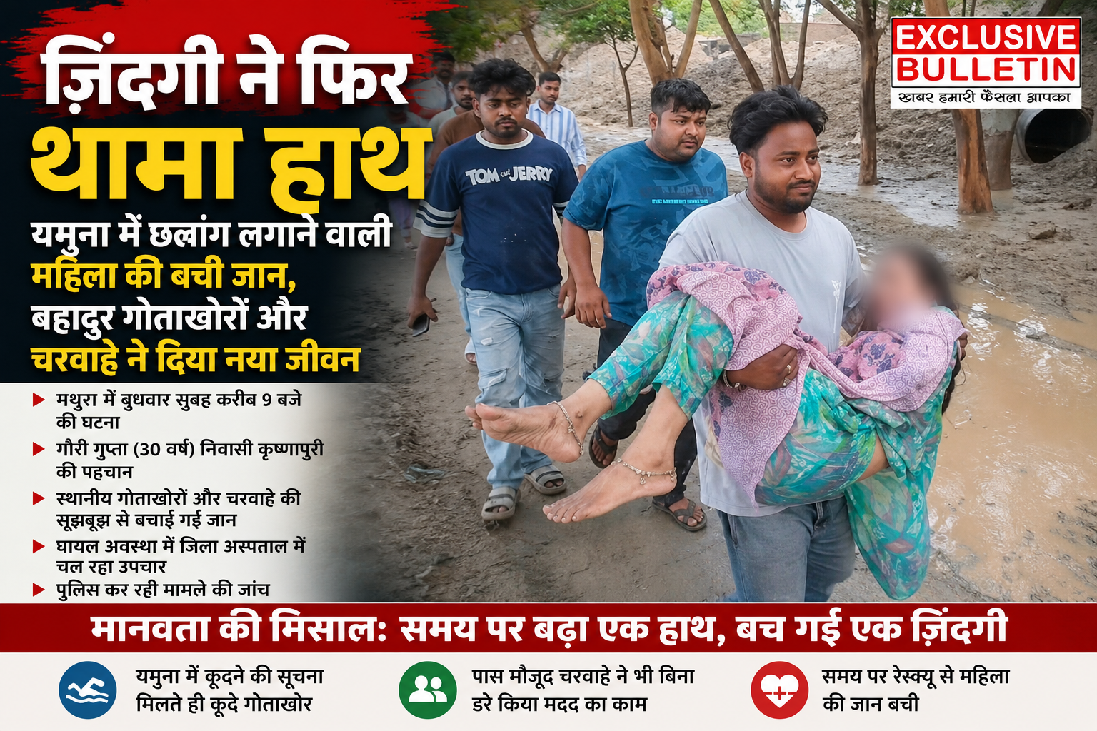 ज़िंदगी ने फिर थामा हाथ : यमुना में छलांग लगाने वाली महिला की बची जान, बहादुर गोताखोरों और चरवाहे ने दिया नया जीवन
