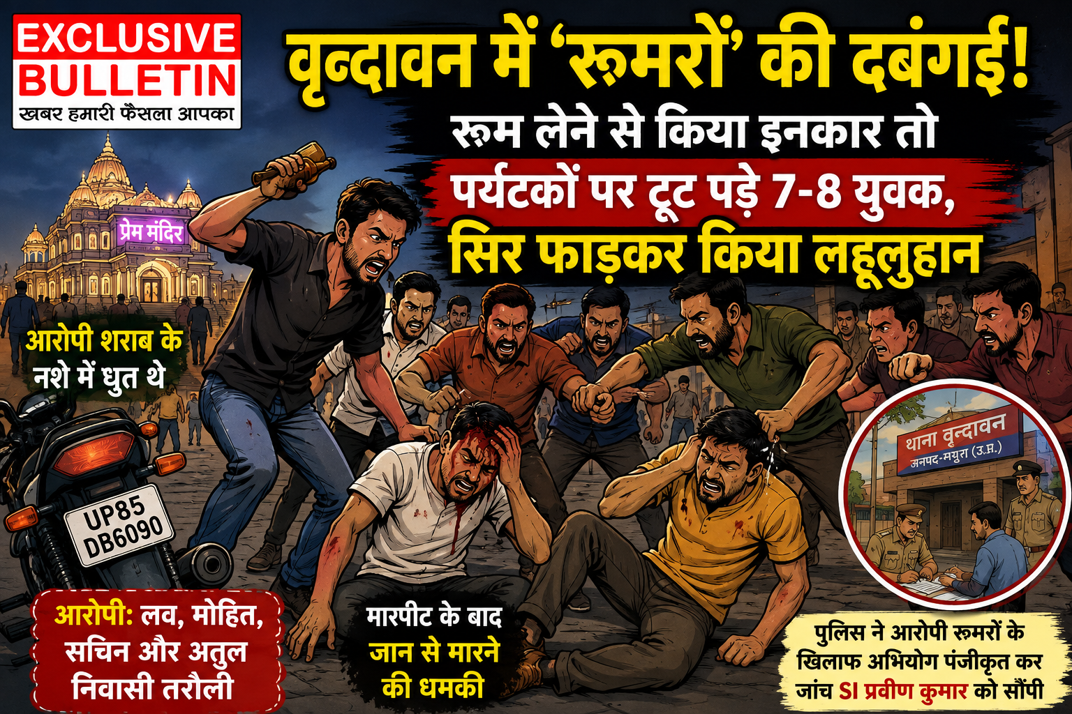 वृन्दावन में ‘रूमरों’ की दबंगई! रूम लेने से किया इनकार तो पर्यटकों पर टूट पड़े 7-8 युवक, सिर फाड़कर किया लहूलुहान